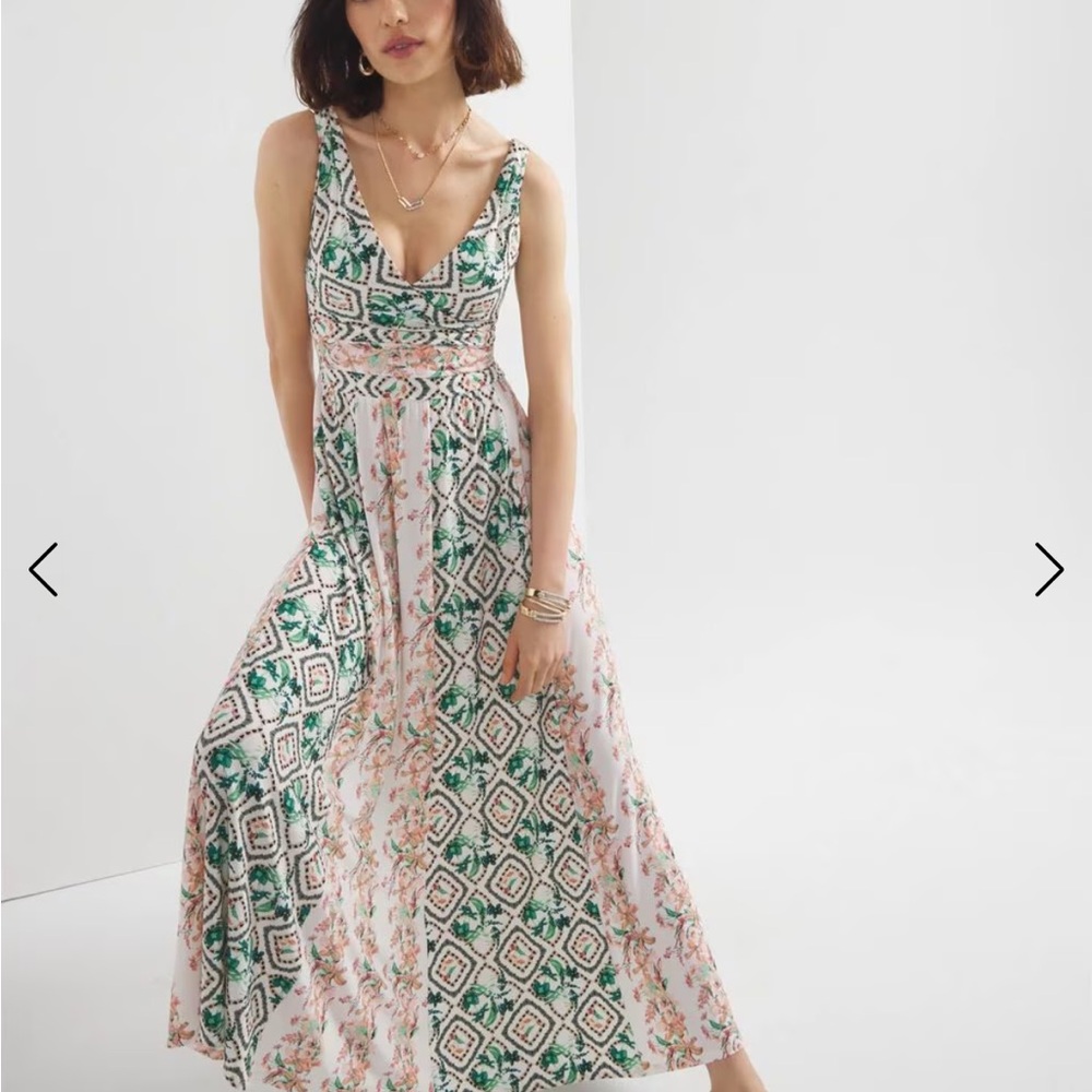 WHBM NWOT Elegant Green and Peach Patterned Maxi Dress